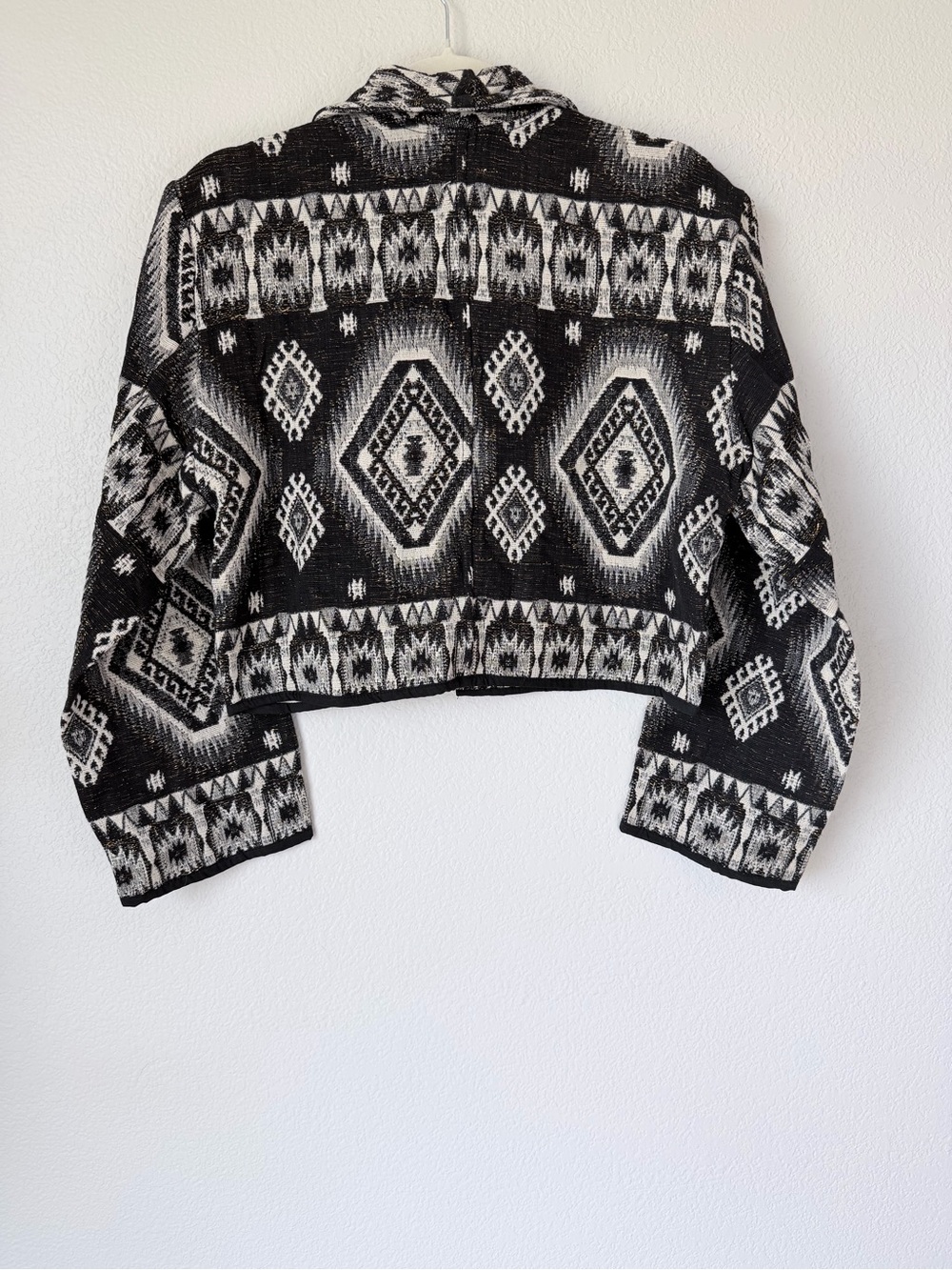 Vintage 90s Flashback Tapestry Jacket S Black White Gold Western Cropped - Picture 2 of 12